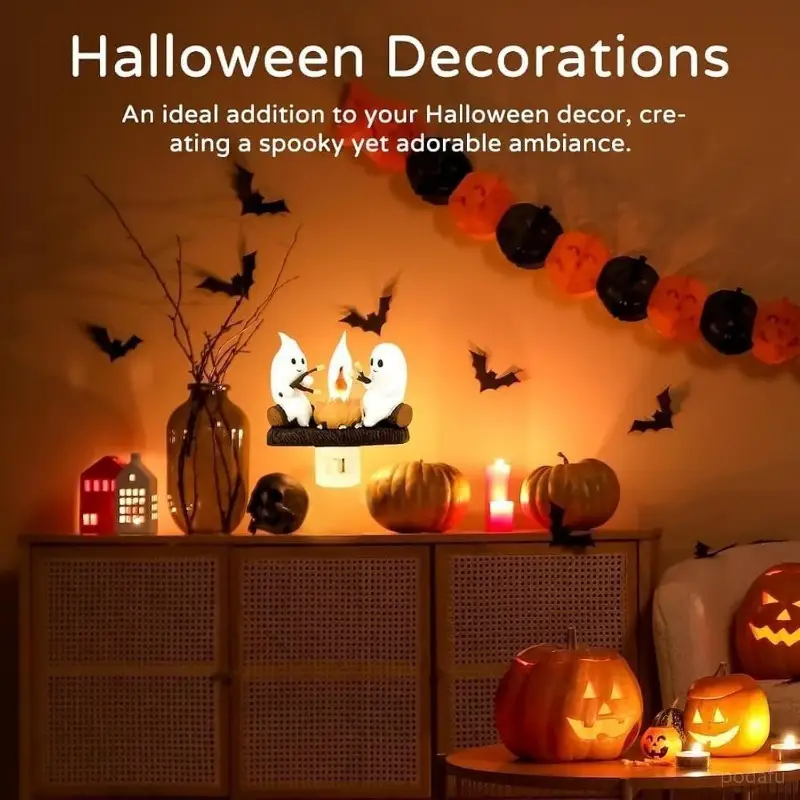 Halloween Resin Figurine Wall Outlet Lamp, Flickering Flame Effect, DC Powered Night Light, for Home Decor, Indoor Use