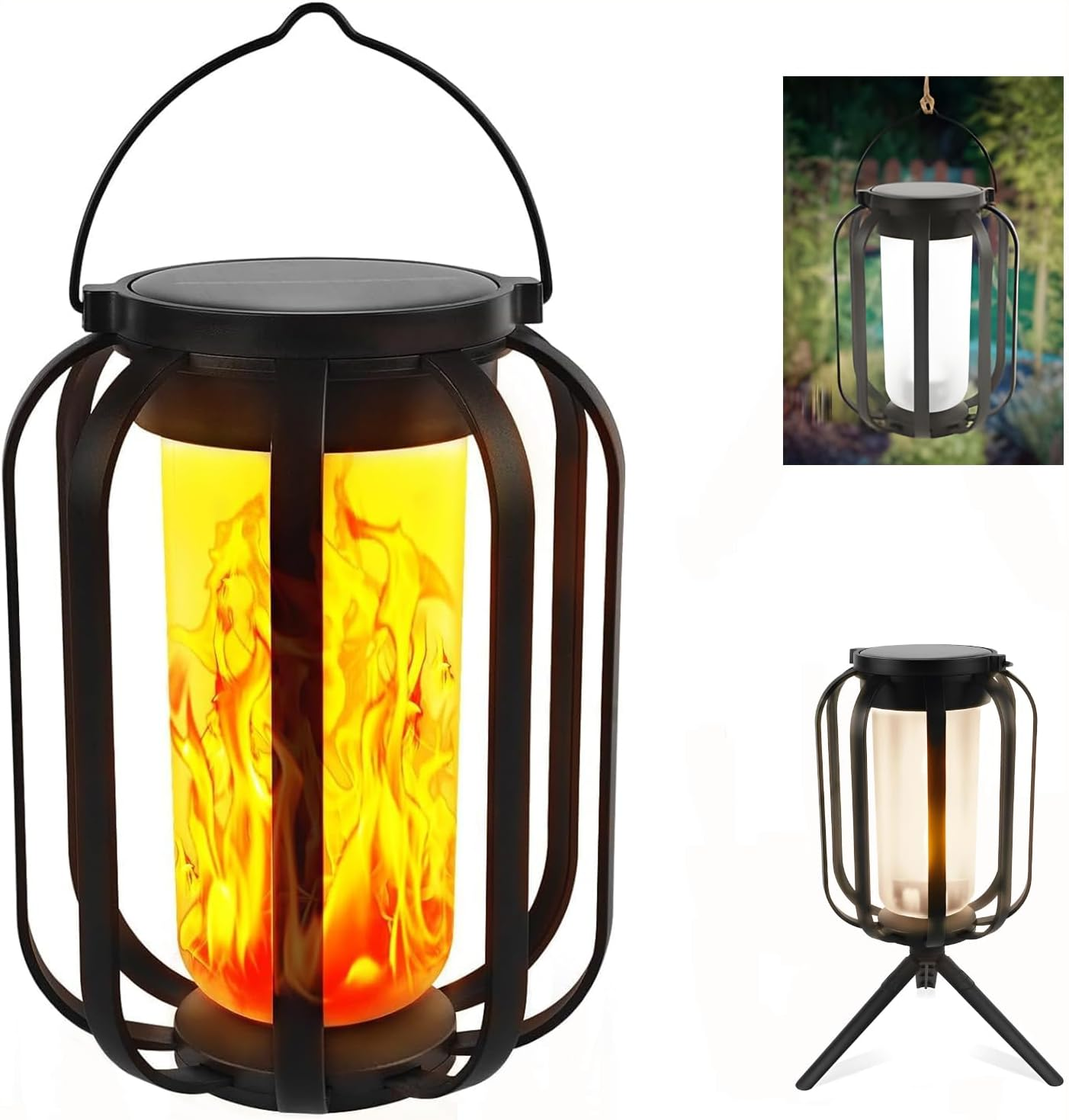 Solar Flame Camping Lantern, Solar Lantern Outdoor Lights with Base, Automatic Light Sensor, USB-C Charging, Waterproof Hanging Lanterns for Garden Yard Patio Backyard Porch Decor (1 PCS)
