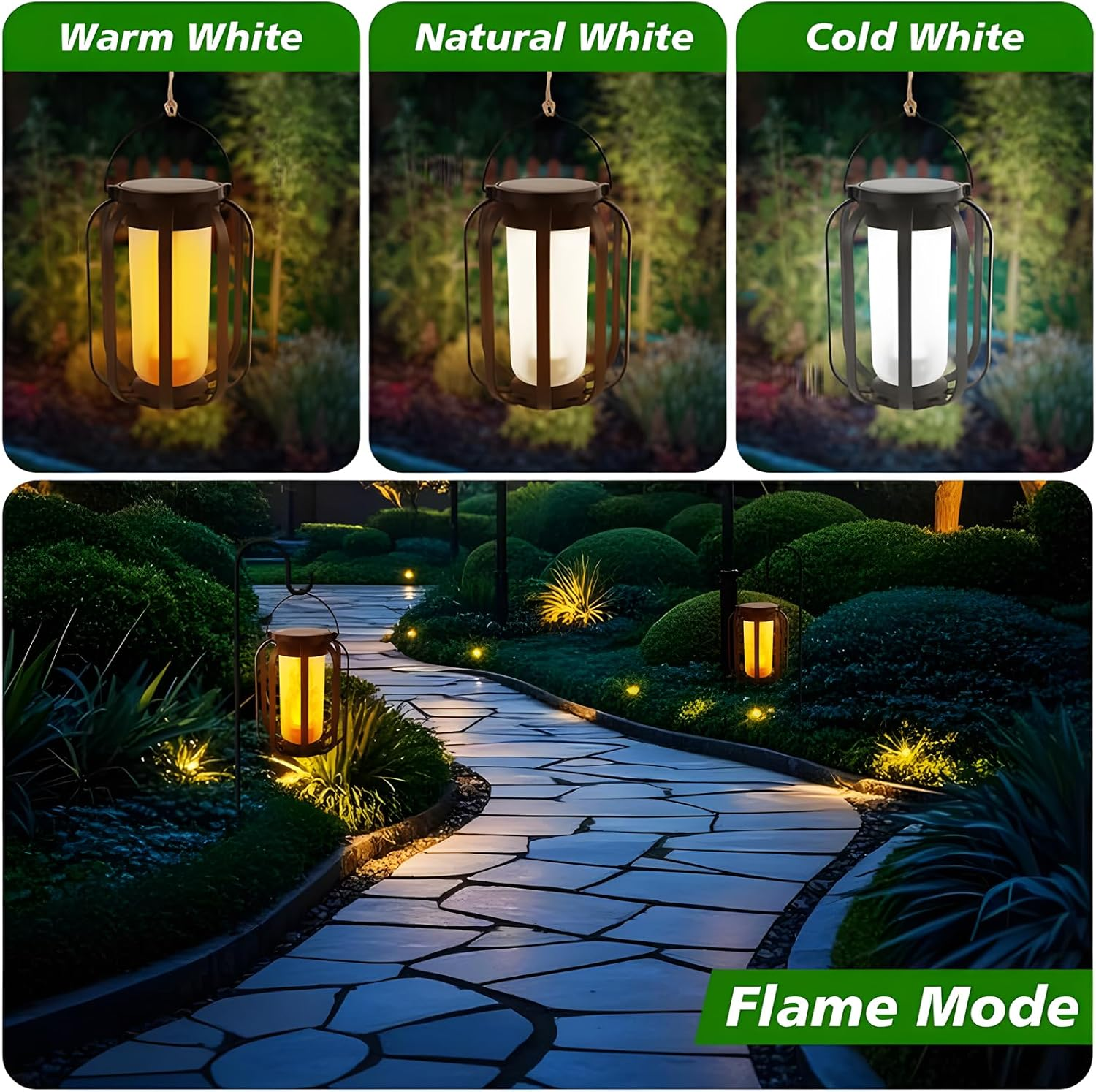 Solar Flame Camping Lantern, Solar Lantern Outdoor Lights with Base, Automatic Light Sensor, USB-C Charging, Waterproof Hanging Lanterns for Garden Yard Patio Backyard Porch Decor (1 PCS)