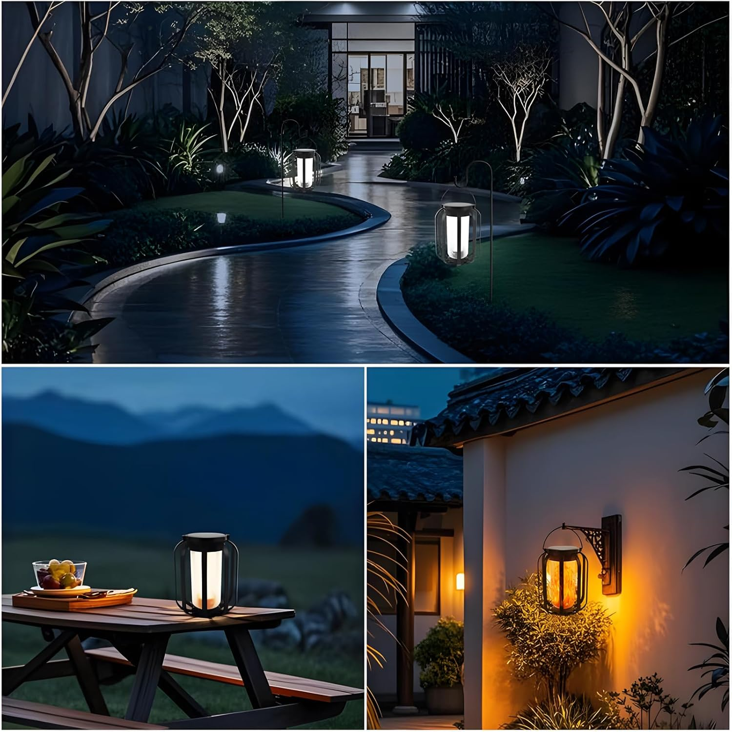 Solar Flame Camping Lantern, Solar Lantern Outdoor Lights with Base, Automatic Light Sensor, USB-C Charging, Waterproof Hanging Lanterns for Garden Yard Patio Backyard Porch Decor (1 PCS)