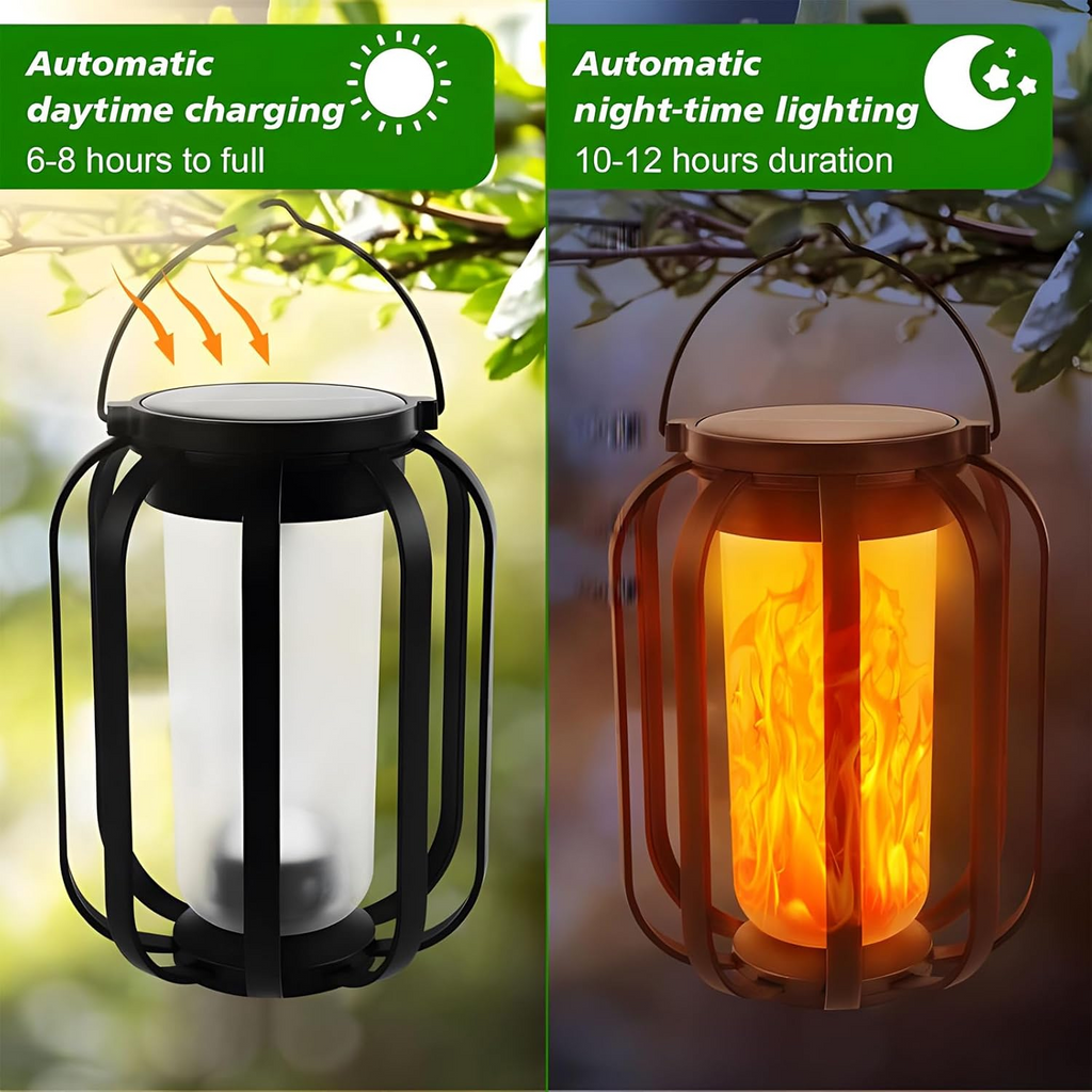 Solar Flame Camping Lantern, Solar Lantern Outdoor Lights with Base, Automatic Light Sensor, USB-C Charging, Waterproof Hanging Lanterns for Garden Yard Patio Backyard Porch Decor (1 PCS)