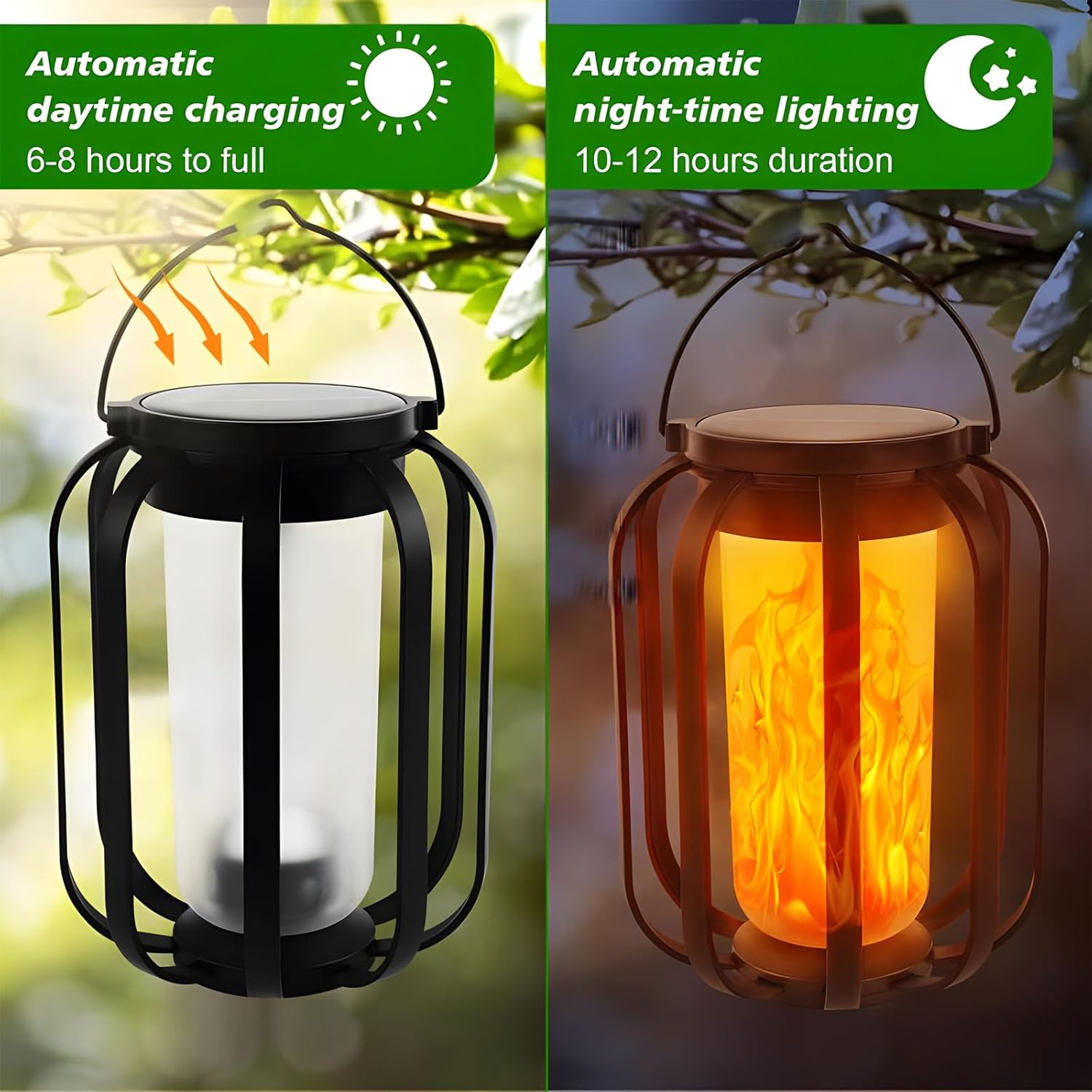 Solar Flame Camping Lantern, Solar Lantern Outdoor Lights with Base, Automatic Light Sensor, USB-C Charging, Waterproof Hanging Lanterns for Garden Yard Patio Backyard Porch Decor (1 PCS)
