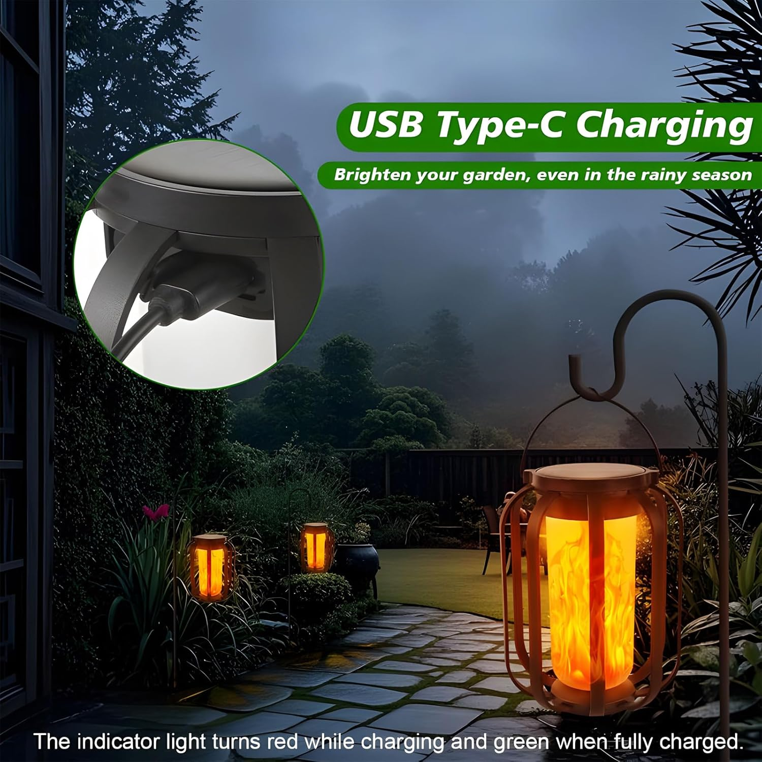 Solar Flame Camping Lantern, Solar Lantern Outdoor Lights with Base, Automatic Light Sensor, USB-C Charging, Waterproof Hanging Lanterns for Garden Yard Patio Backyard Porch Decor (1 PCS)