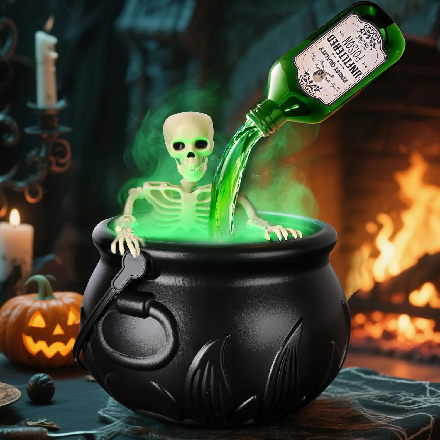 Halloween Decorations Indoor - Cauldron Halloween Decor with Magic Floating Potion Bottles and Diffuser - Black Plastic Witches Bowl Hocus Pocus Party Decoration for Spooky Vintage Home Kitchen Table