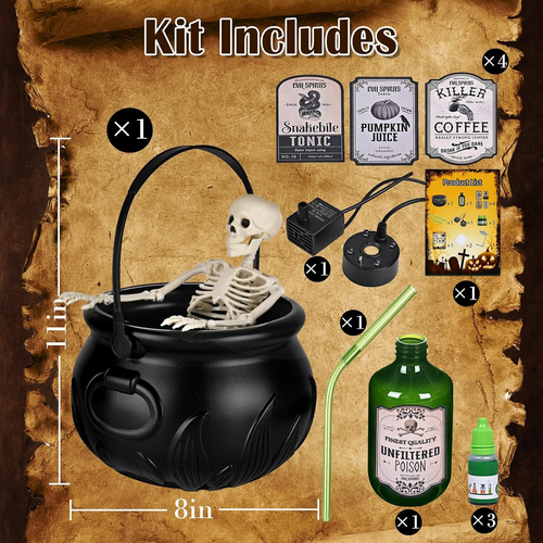 Halloween Decorations Indoor - Cauldron Halloween Decor with Magic Floating Potion Bottles and Diffuser - Black Plastic Witches Bowl Hocus Pocus Party Decoration for Spooky Vintage Home Kitchen Table