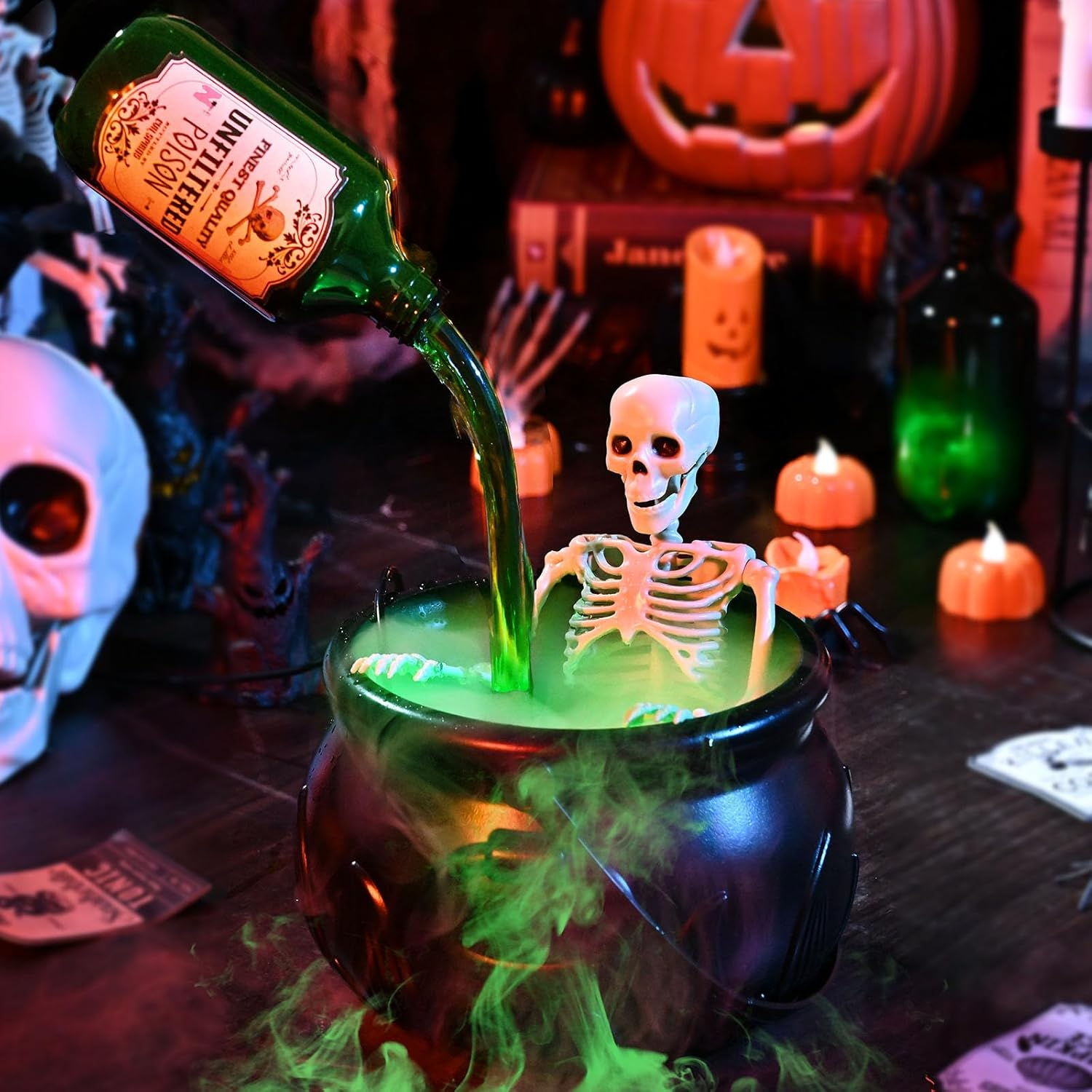 Halloween Decorations Indoor - Cauldron Halloween Decor with Magic Floating Potion Bottles and Diffuser - Black Plastic Witches Bowl Hocus Pocus Party Decoration for Spooky Vintage Home Kitchen Table
