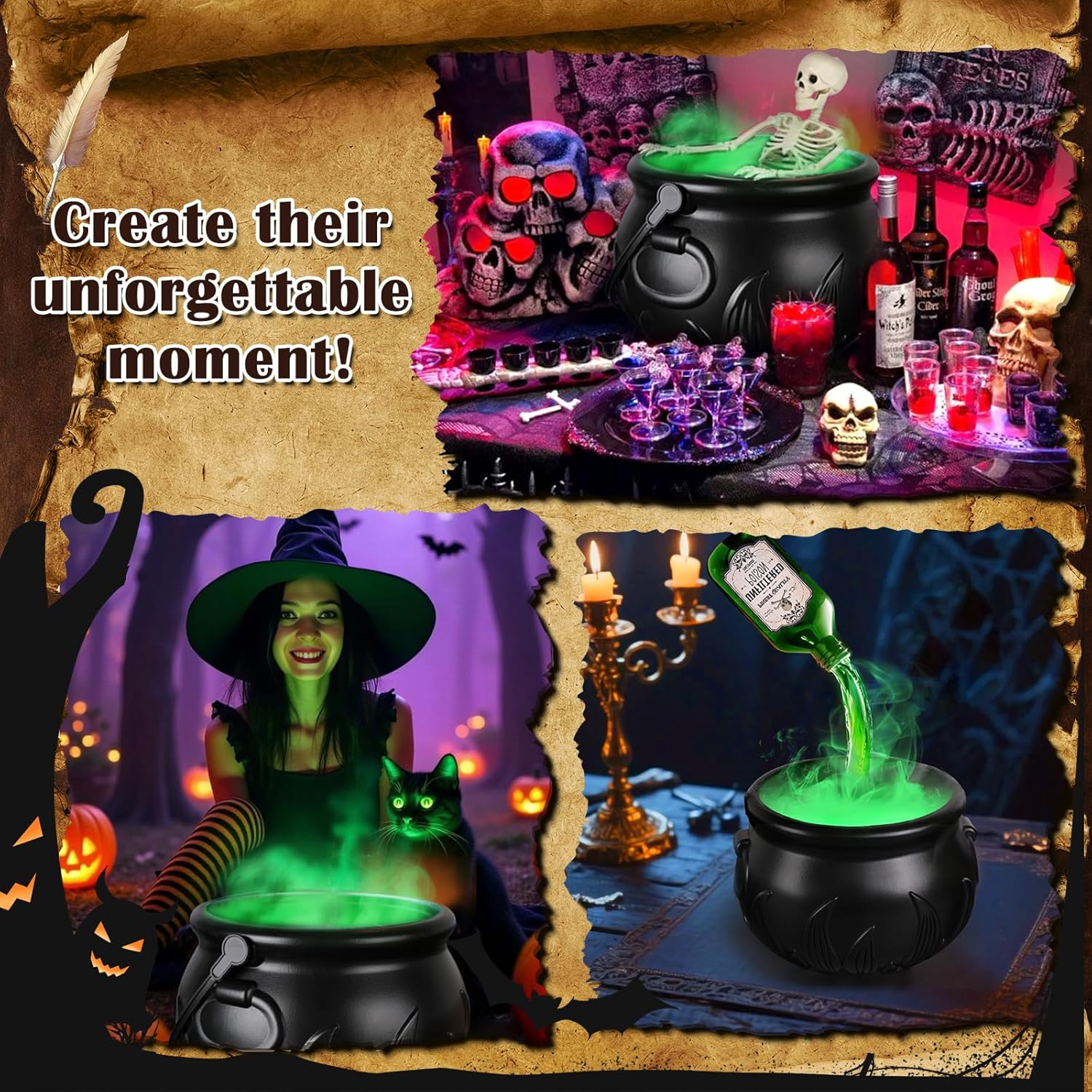 Halloween Decorations Indoor - Cauldron Halloween Decor with Magic Floating Potion Bottles and Diffuser - Black Plastic Witches Bowl Hocus Pocus Party Decoration for Spooky Vintage Home Kitchen Table
