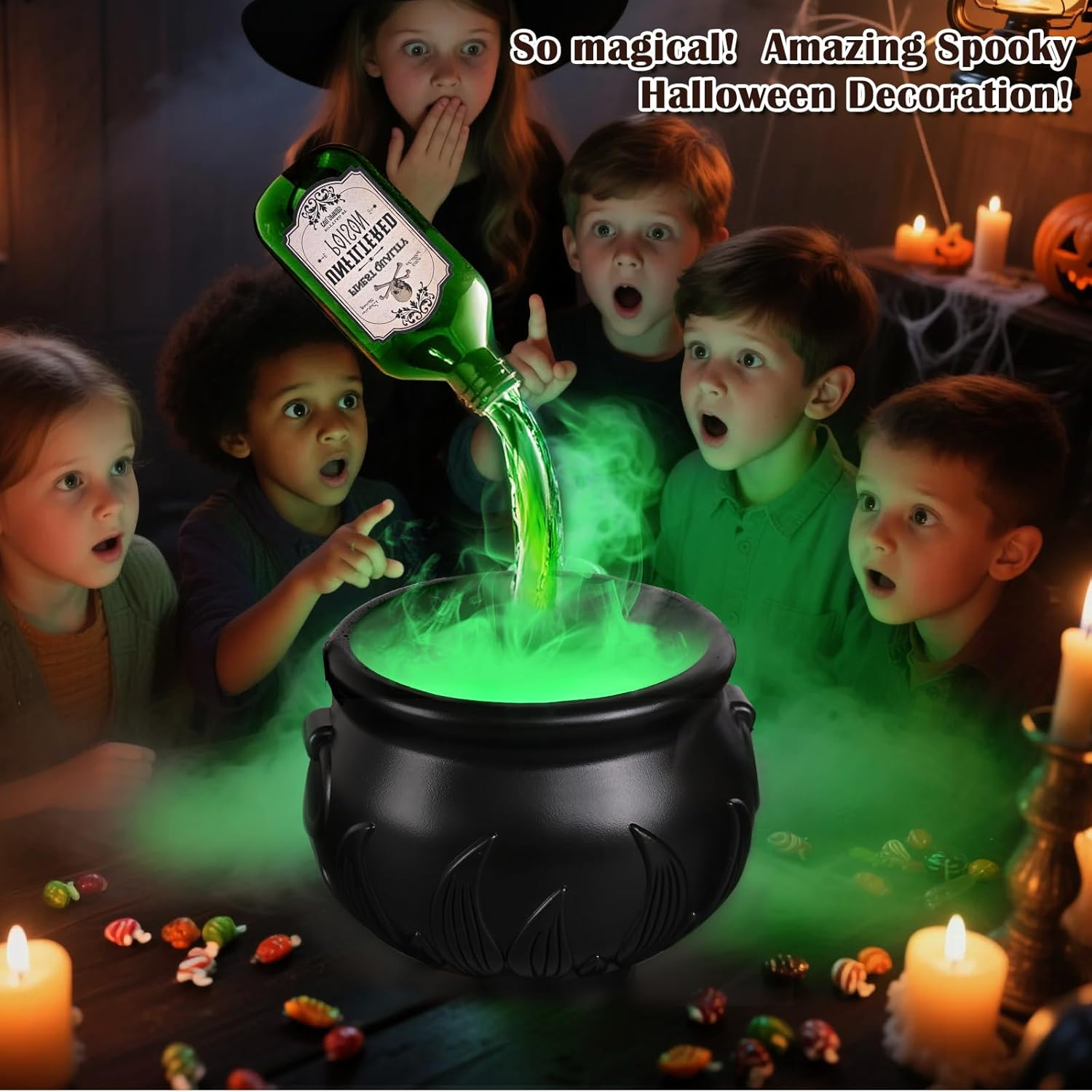 Halloween Decorations Indoor - Cauldron Halloween Decor with Magic Floating Potion Bottles and Diffuser - Black Plastic Witches Bowl Hocus Pocus Party Decoration for Spooky Vintage Home Kitchen Table