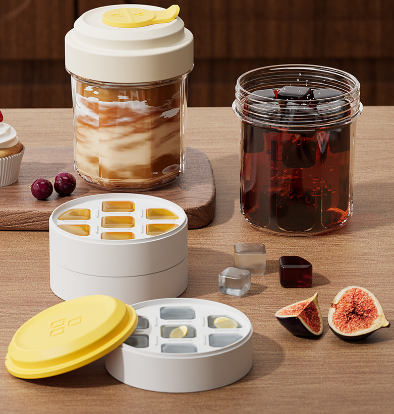 New Ice Cube Cup with Lid and Molds for Iced Drinks Portable Sealed Tumbler with Protective Sleeve for Coffee, Juice, Smoothie