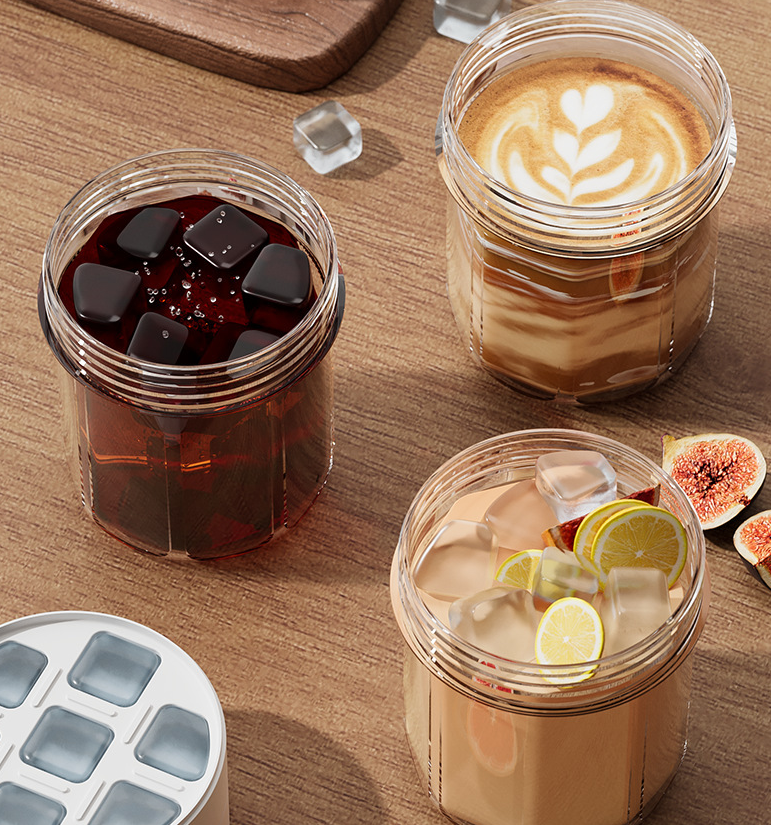 New Ice Cube Cup with Lid and Molds for Iced Drinks Portable Sealed Tumbler with Protective Sleeve for Coffee, Juice, Smoothie