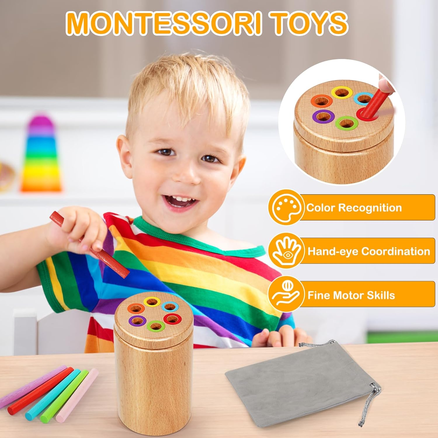 Montessori Toys for 1-3 Year Old, Travel Toys for Toddlers Activities Wooden Color Sorting Stacking Toy for 18+ Month Old Boys Girls Learning Gift for 2-4 Year Old Kids Christmas Birthday